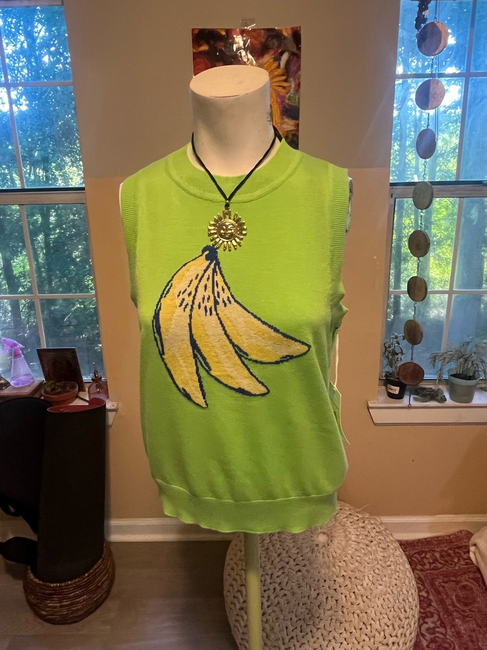 Women’s Lime Green Sleeveless Banana Graphic Sweater Tank